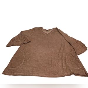 LOGO Lori Goldstein Light Brown V-Neck Tunic Top Side Pockets Ruffled Sleeves XL
